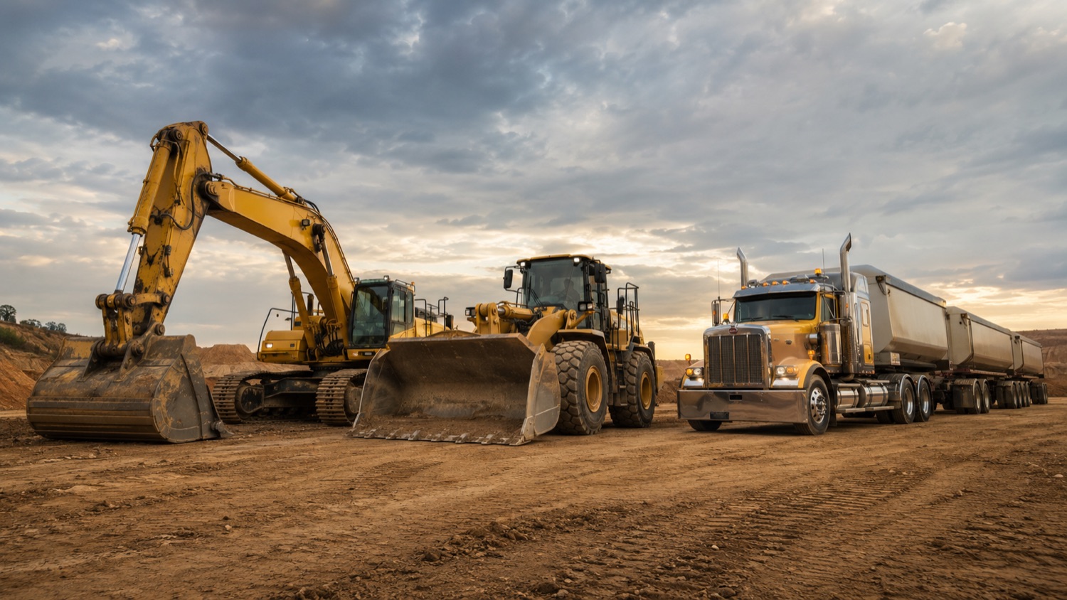 Locks plant and fleet — excavator, wheel loader and haul truck on site